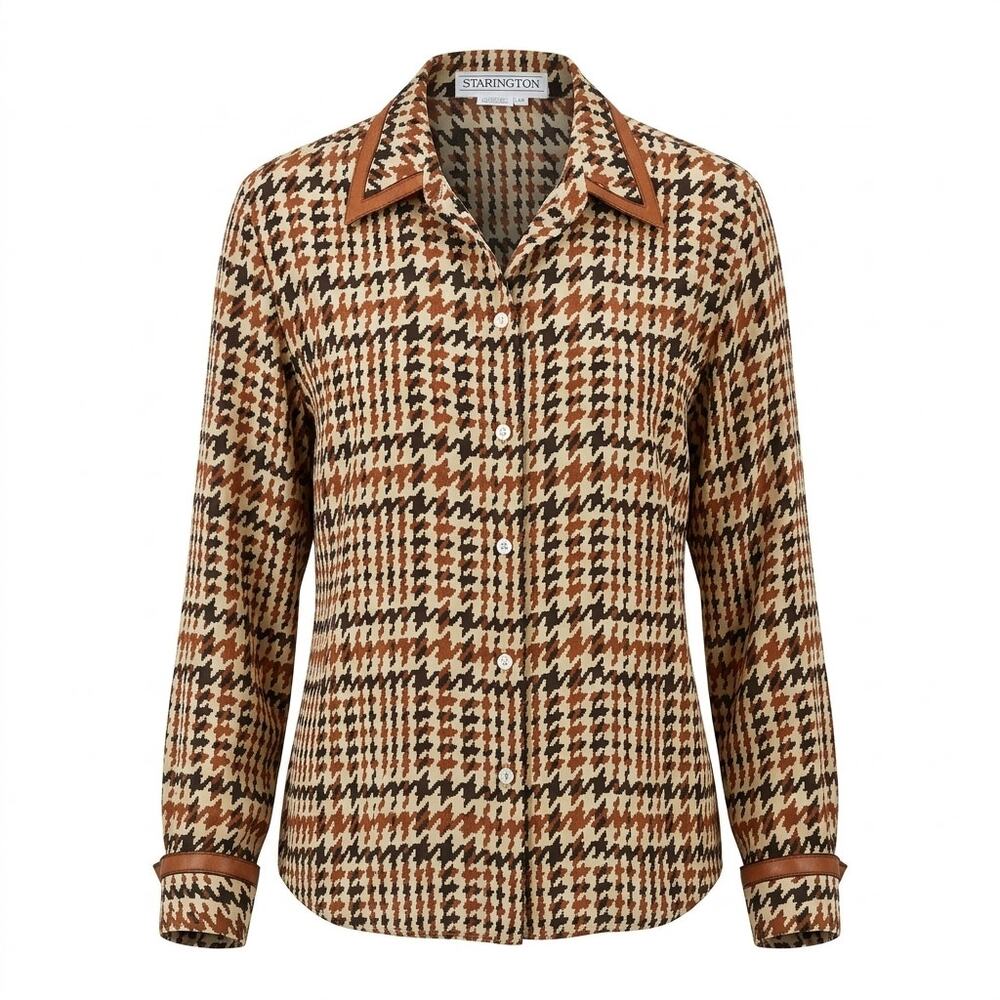 Vintage Starington 100% Silk  Houndstooth Button Up Blouse Women Size 12